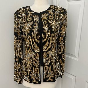 Laurence Kazar beaded sequin black evening jacket gold silver